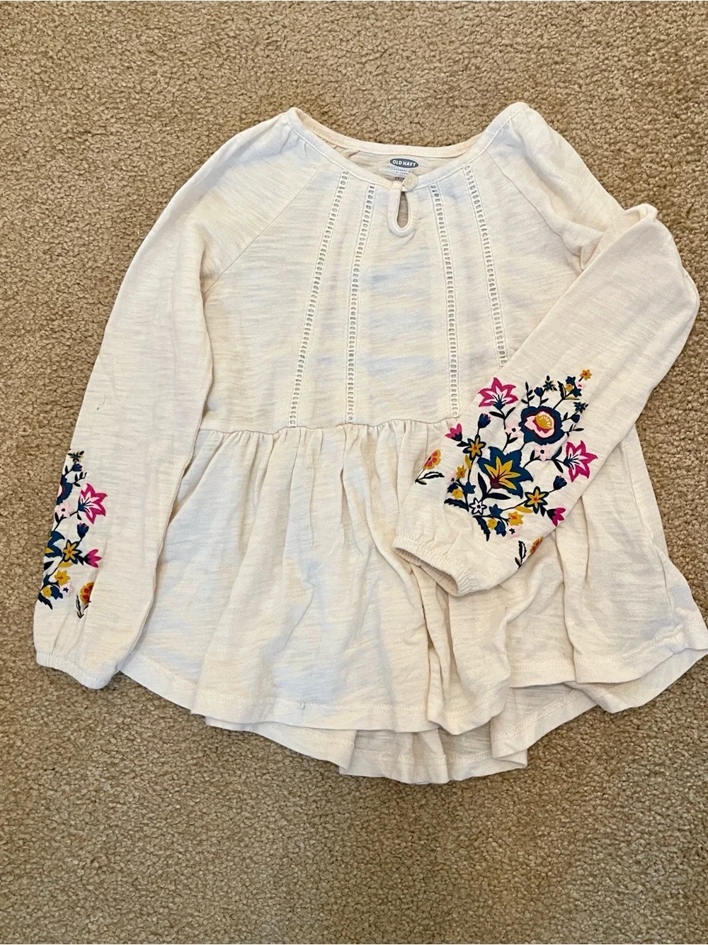 Girls Old Navy Cream Peplum Top with Floral Sleeve Embroidery